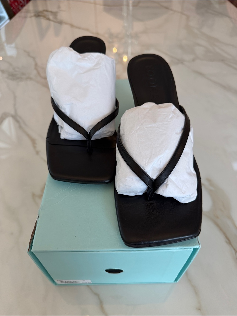 Black Square-Toe Thong Sandals - Women's